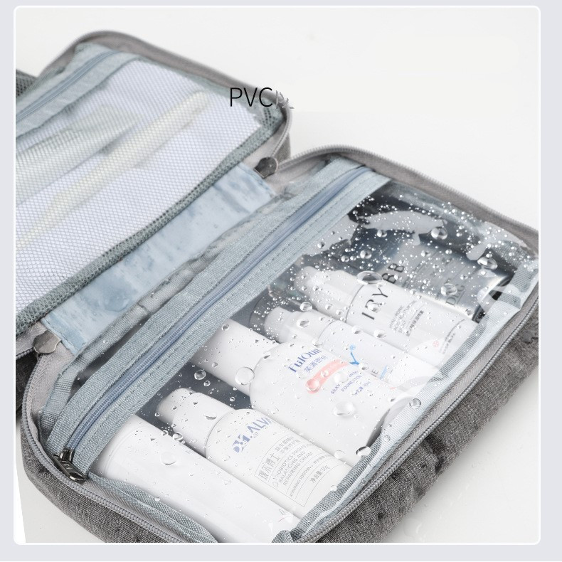Geanta cosmetice voiaj, material panza, impermeabil, 3 compartimente, agatatoare, 47 x 28 x 20 cm, gri 2
