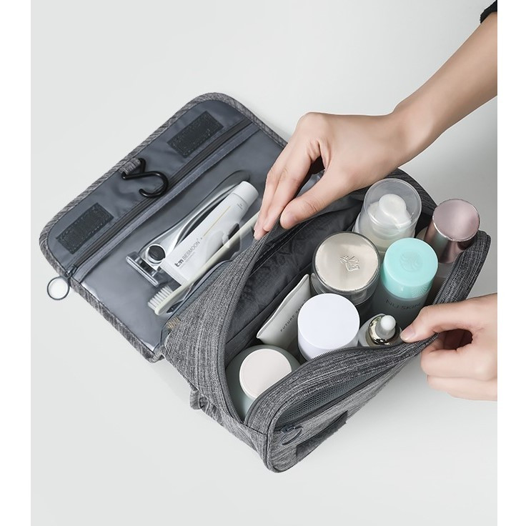 Geanta cosmetice voiaj, material panza, impermeabil, 3 compartimente, agatatoare, 47 x 28 x 20 cm, gri 3