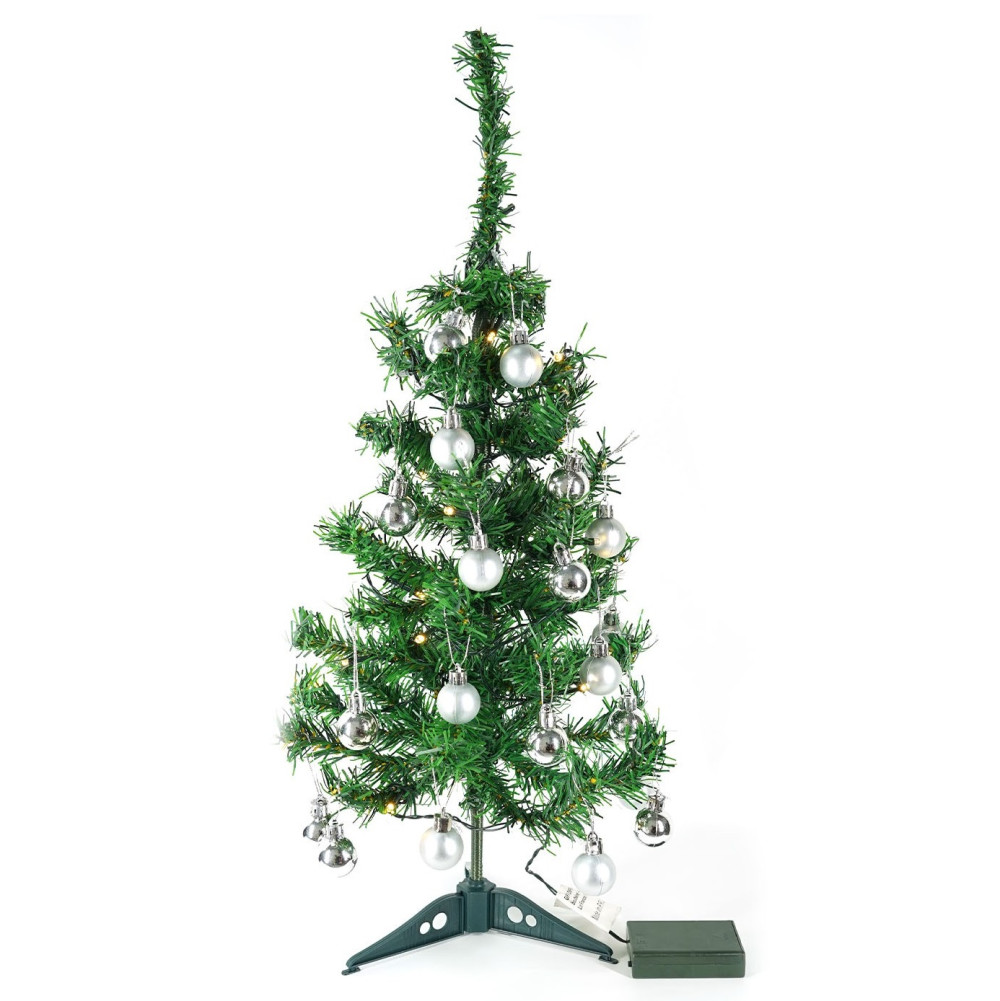 Brad artificial impodobit, 60 cm, suport plastic cu instalatie luminoasa 20 LED alb cald + 20 globuri argintii incluse 2