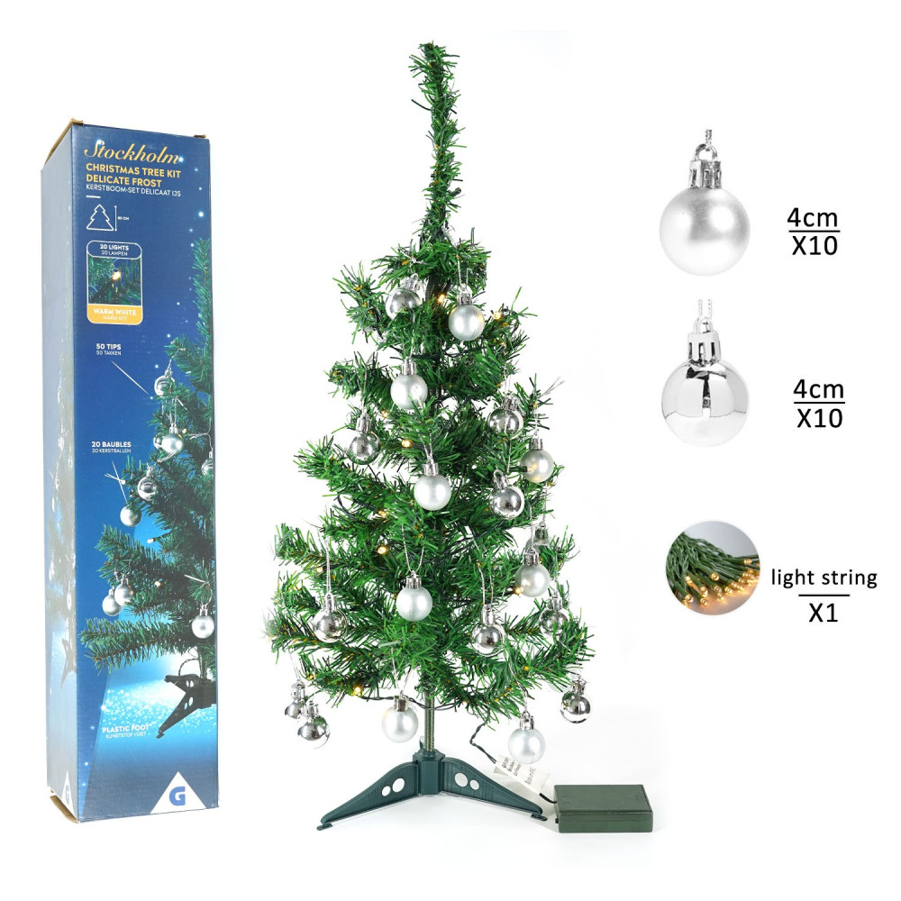 Brad artificial impodobit, 60 cm, suport plastic cu instalatie luminoasa 20 LED alb cald + 20 globuri argintii incluse 5