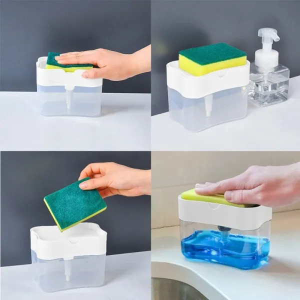 Dispenser dozator 2 in 1 pentru detergent, lichid de vase, suport pentru burete, 14 x 10.5 x 10 cm, 380 ml, alb 2