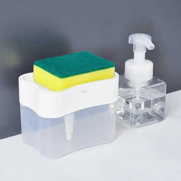 Dispenser dozator 2 in 1 pentru detergent, lichid de vase, suport pentru burete, 14 x 10.5 x 10 cm, 380 ml, alb 3