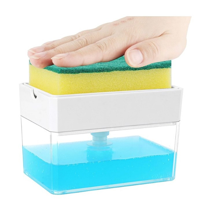 Dispenser dozator 2 in 1 pentru detergent, lichid de vase, suport pentru burete, 14 x 10.5 x 10 cm, 380 ml, alb 4