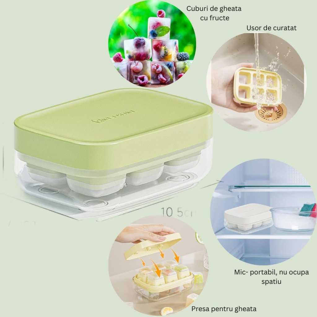 Forma pentru gheata din silicon alimentar, 6 cuburi, caserola pentru depozitare, usor de folosit si curatat, 10.5 x 7.5 x 4.1 cm, verde 3