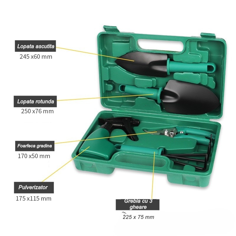 Set 5 accesorii pentru gradinarit, geanta depozitare inclusa, otel inoxidabil, 18.5 x 29.5 cm, verde 2