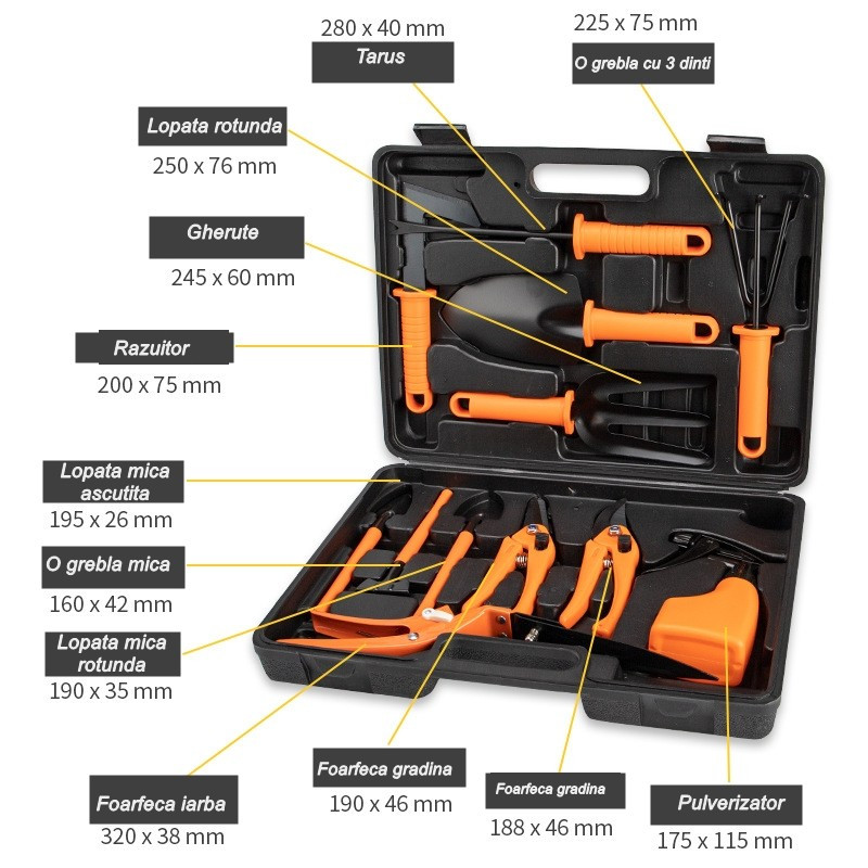 Set 12 accesorii pentru gradinarit, geanta depozitare inclusa, otel inoxidabil, 37 x 27 cm, portocaliu 2