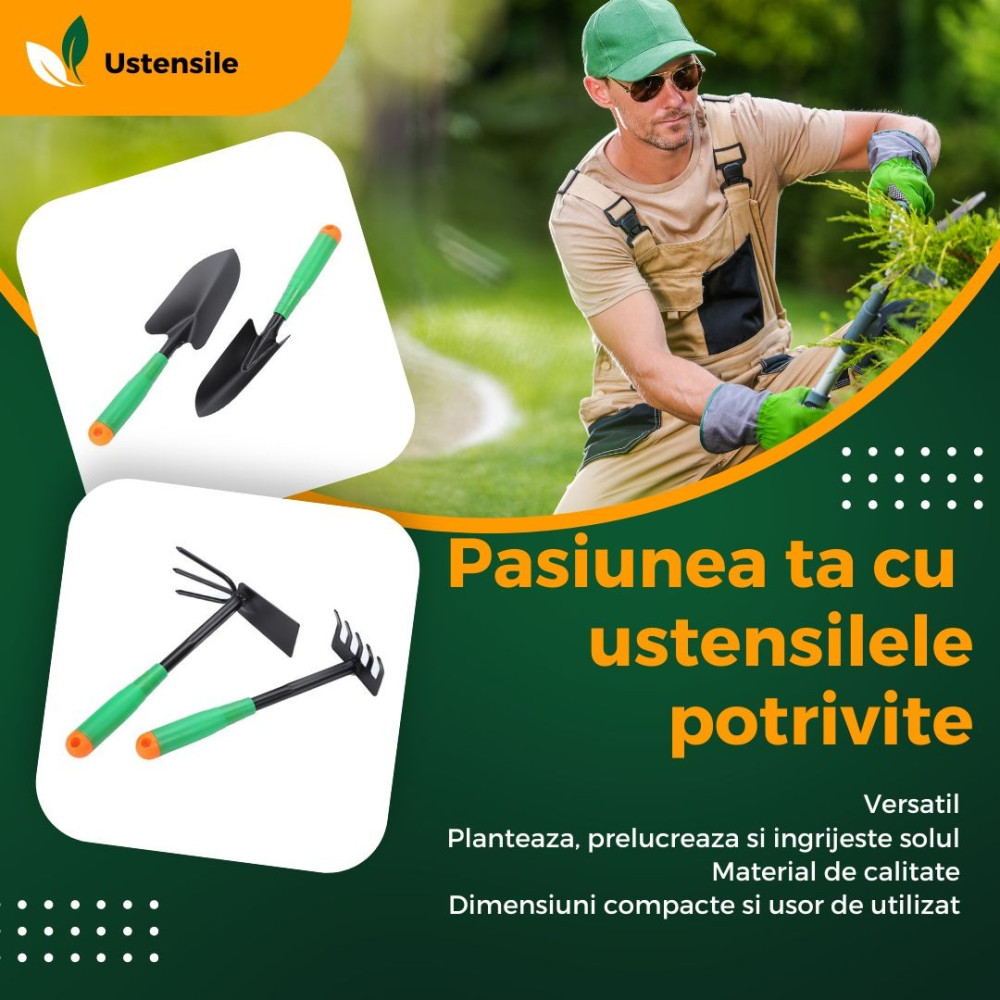 Set 4 unelte de gradina, pentru plantare si ingrijire plante, PVC si cardboard, 31.5 x 8 cm, verzi 2