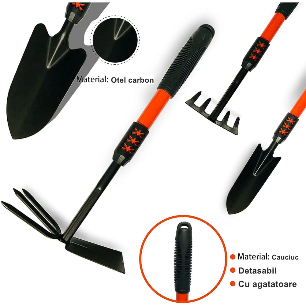 Set 4 unelte de gradina, maner extensibil, pentru plantare si ingrijire plante, otel carbon, negre 2