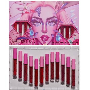 Set 12 Lip Gloss Kevin & Coco, nuante de rosu si rose, cutie dreptunghiulara, 26.5x16.5x2.2 cm, 200 g, multicolor 3