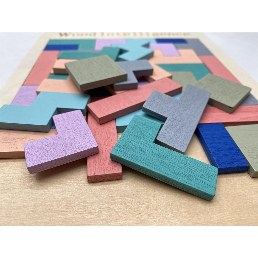 Puzzle Montessori dinl lemn, tip Tetris, 40 piese, multicolor pastel 2