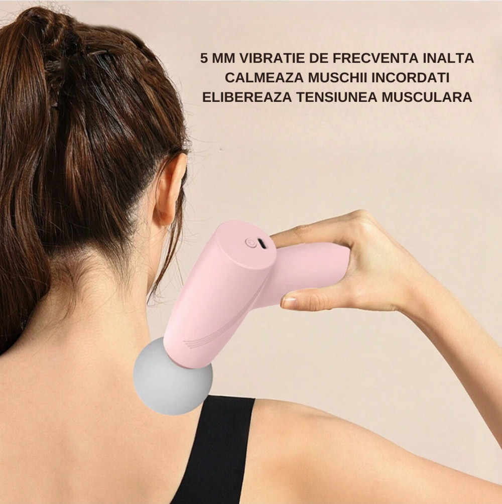 Mini aparat de masaj tip pistol, Incarcare USB Tip C, pentru relaxare musculara, autonomie 120 min, 3 viteze, alb 5