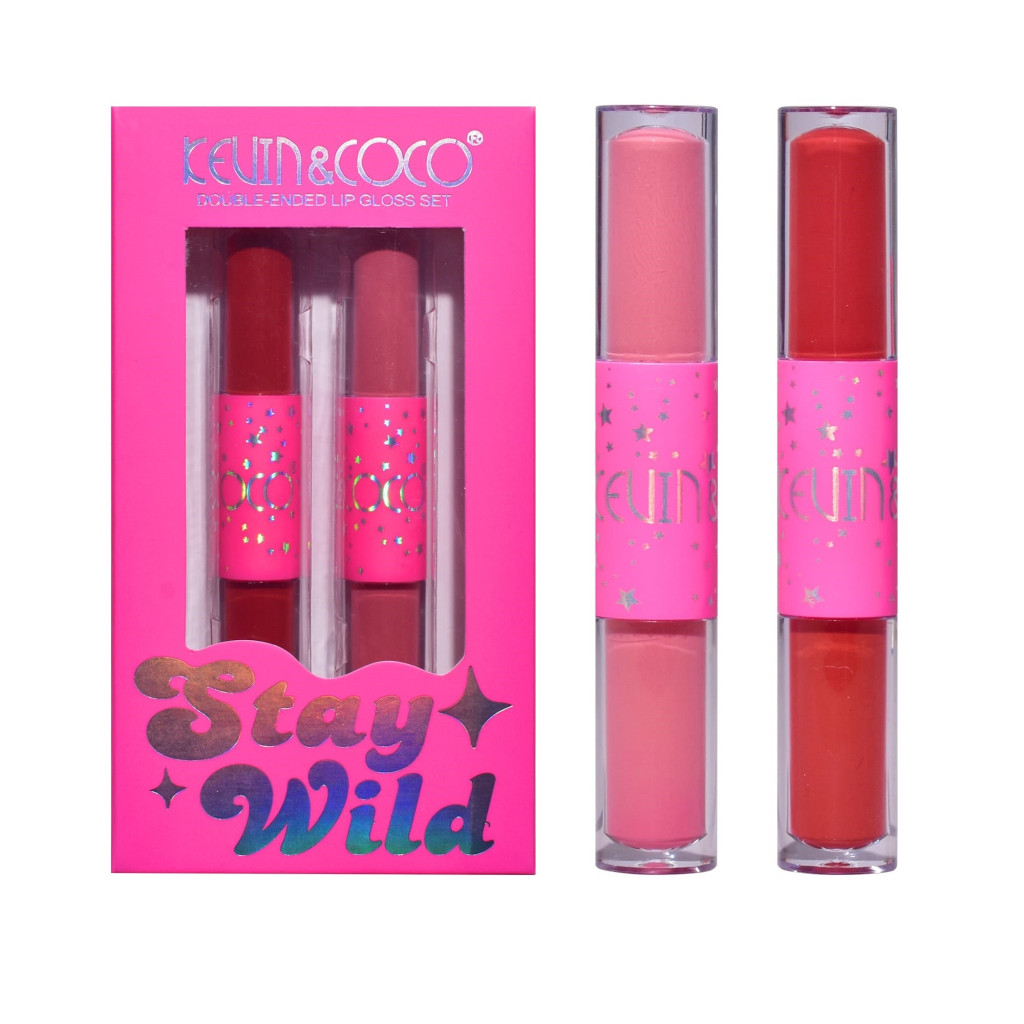 Set de buze KEVIN & COCO Stay Wild, 4 culori, 2 gloss-uri si 2 rujuri mate, 15.1 x 8.1 x 2cm, roz/rosu 2