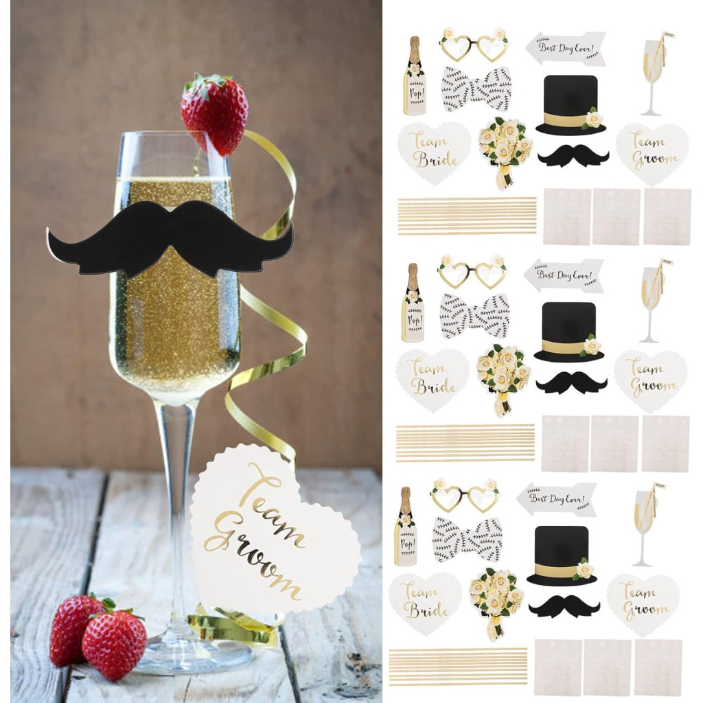 Set 10 Accesorii pentru petrecere, Props pentru Coltul de Poze, Model Mire si Mireasa, Tematica Nunta, Multicolor 5