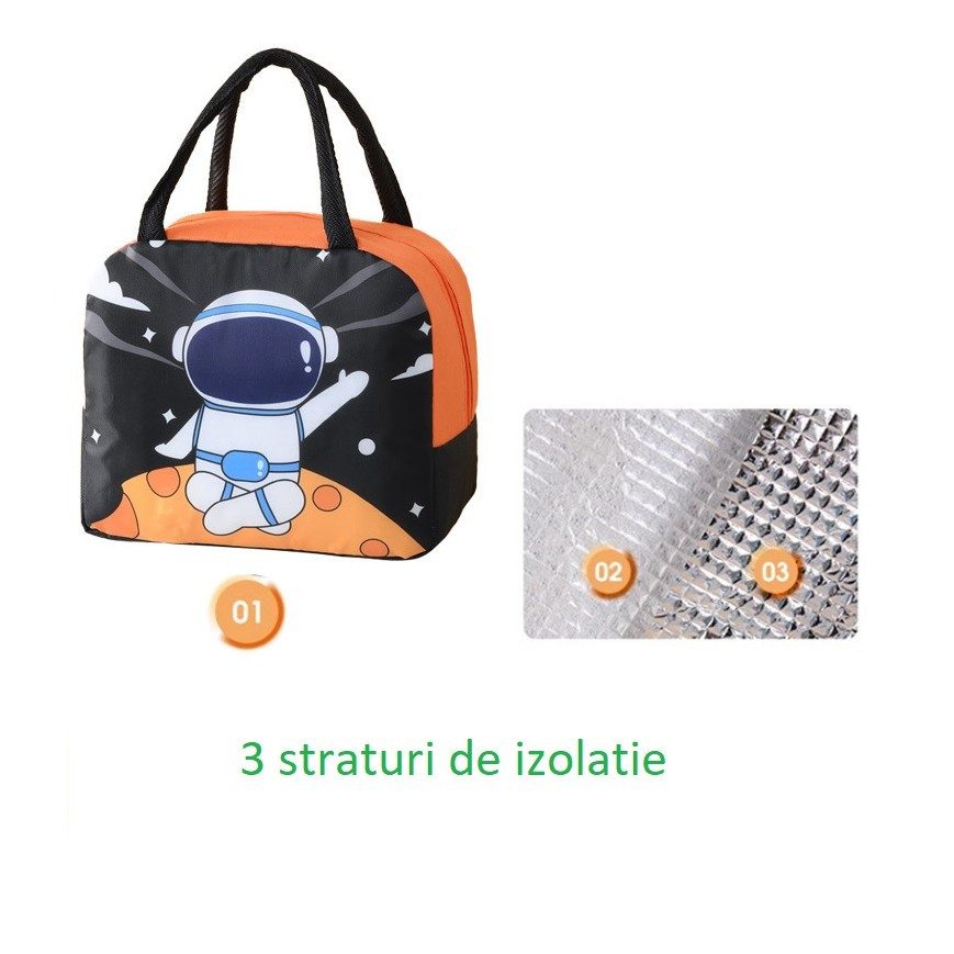 Geanta termoizolanta pentru copii, Imprimeu Astronaut, 23x13x19 cm, negru/portocaliu 5