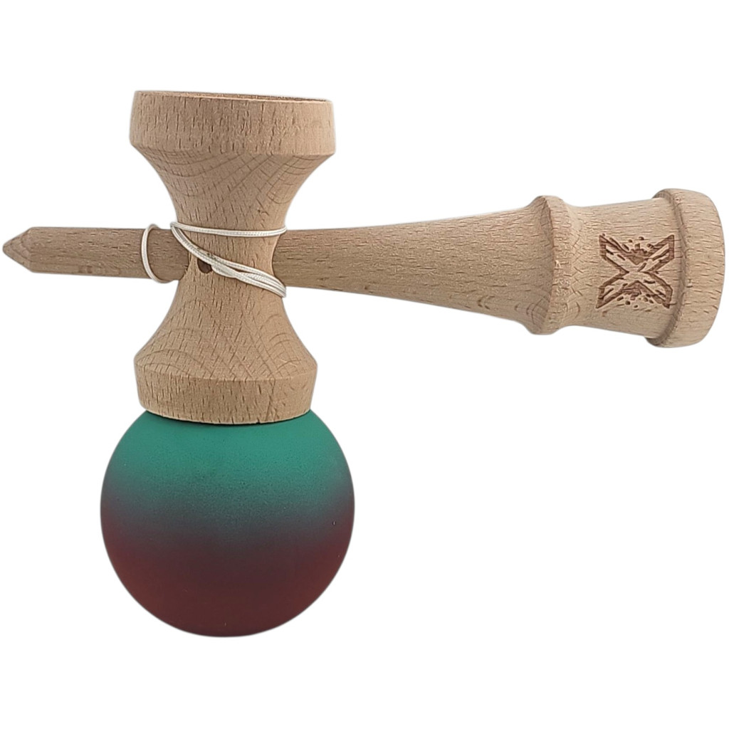 Jucarie lemn Kendama X, originala, profesionala, Rubber Grip, rosu/verde 2
