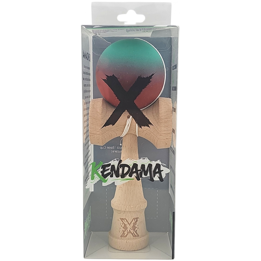 Jucarie lemn Kendama X, originala, profesionala, Rubber Grip, rosu/verde 3