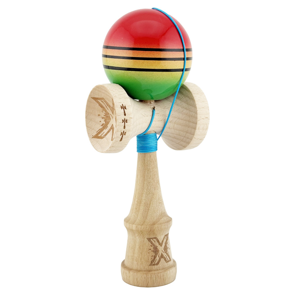 Jucarie lemn Kendama X, Super Sticky, cupe mari V2, gaura in basecup, rulment, ata rezerva, rosu/galben/verde 2