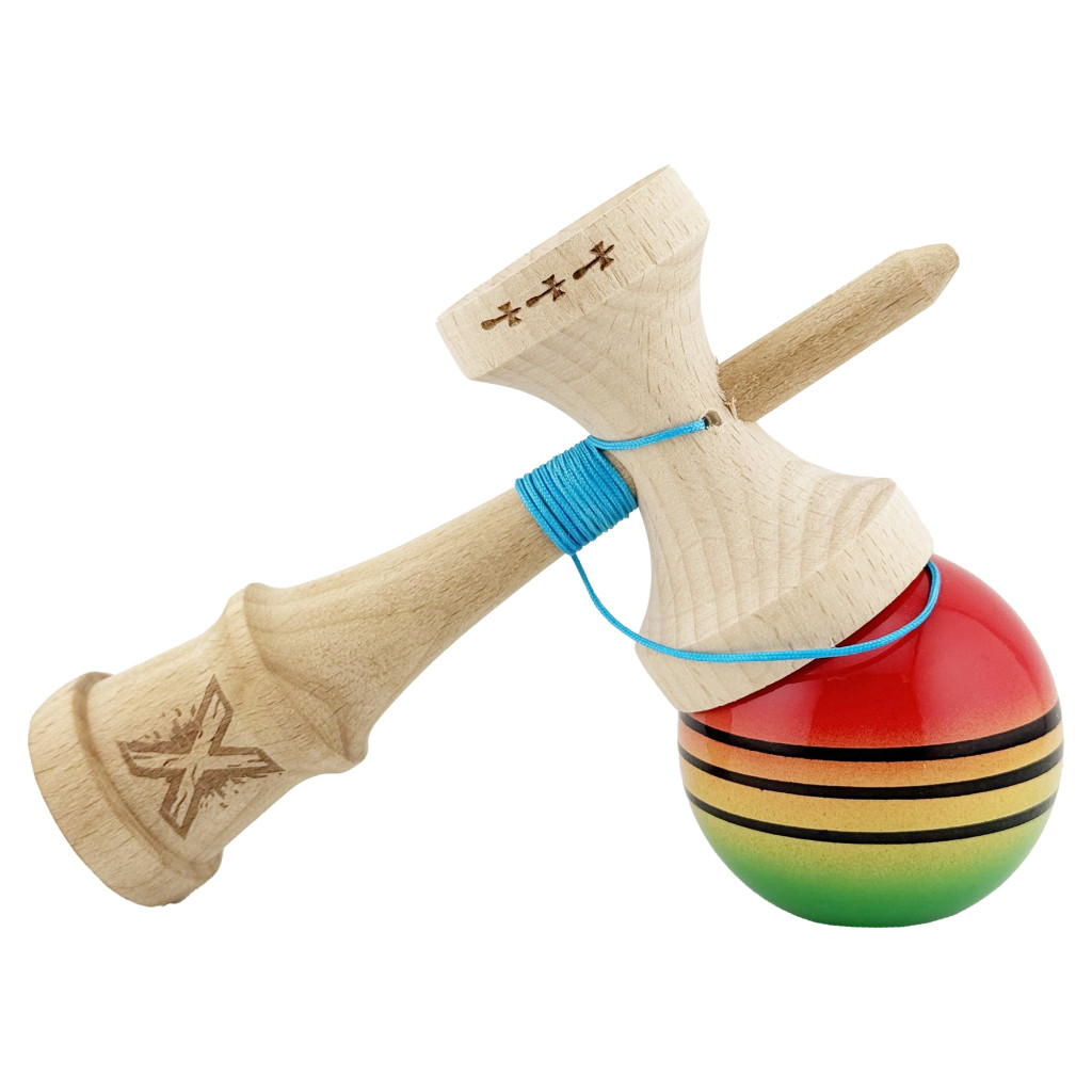 Jucarie lemn Kendama X, Super Sticky, cupe mari V2, gaura in basecup, rulment, ata rezerva, rosu/galben/verde 4