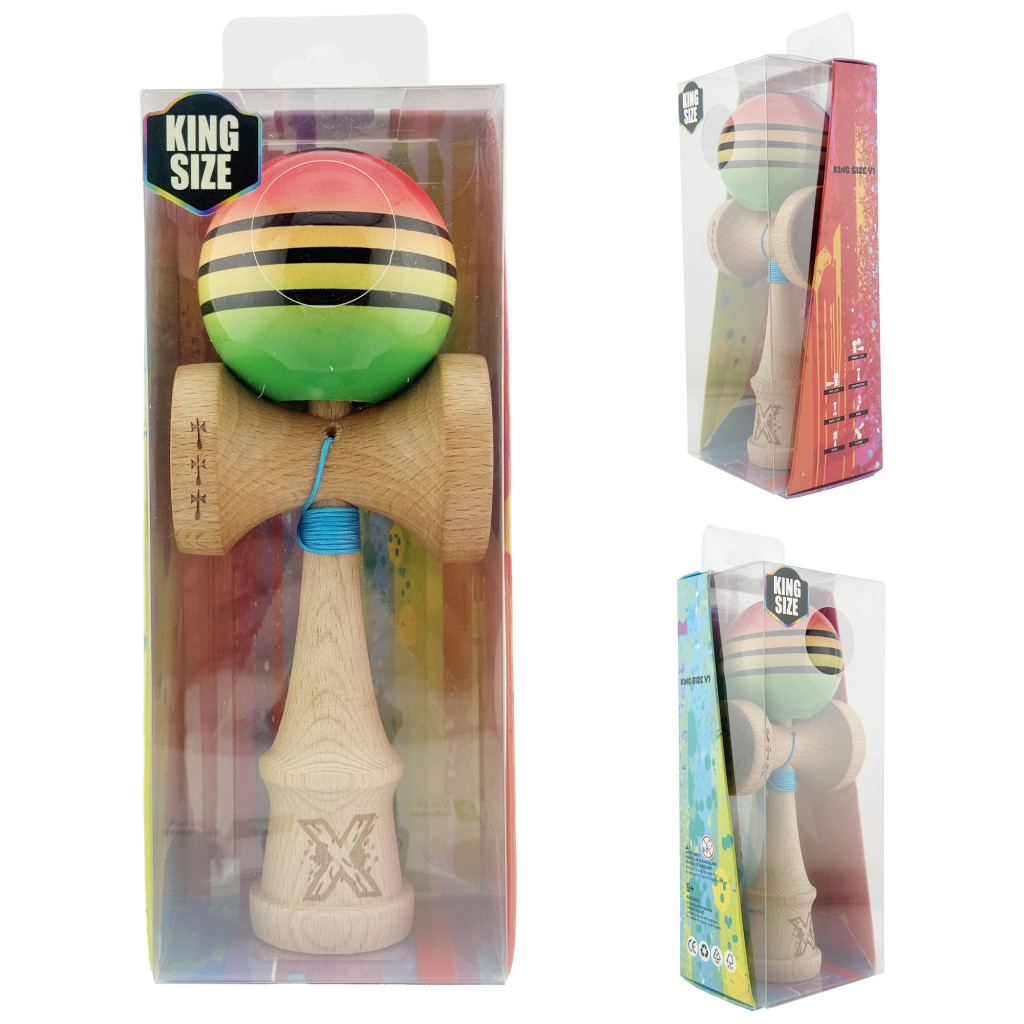 Jucarie lemn Kendama X, Super Sticky, cupe mari V2, gaura in basecup, rulment, ata rezerva, rosu/galben/verde 5