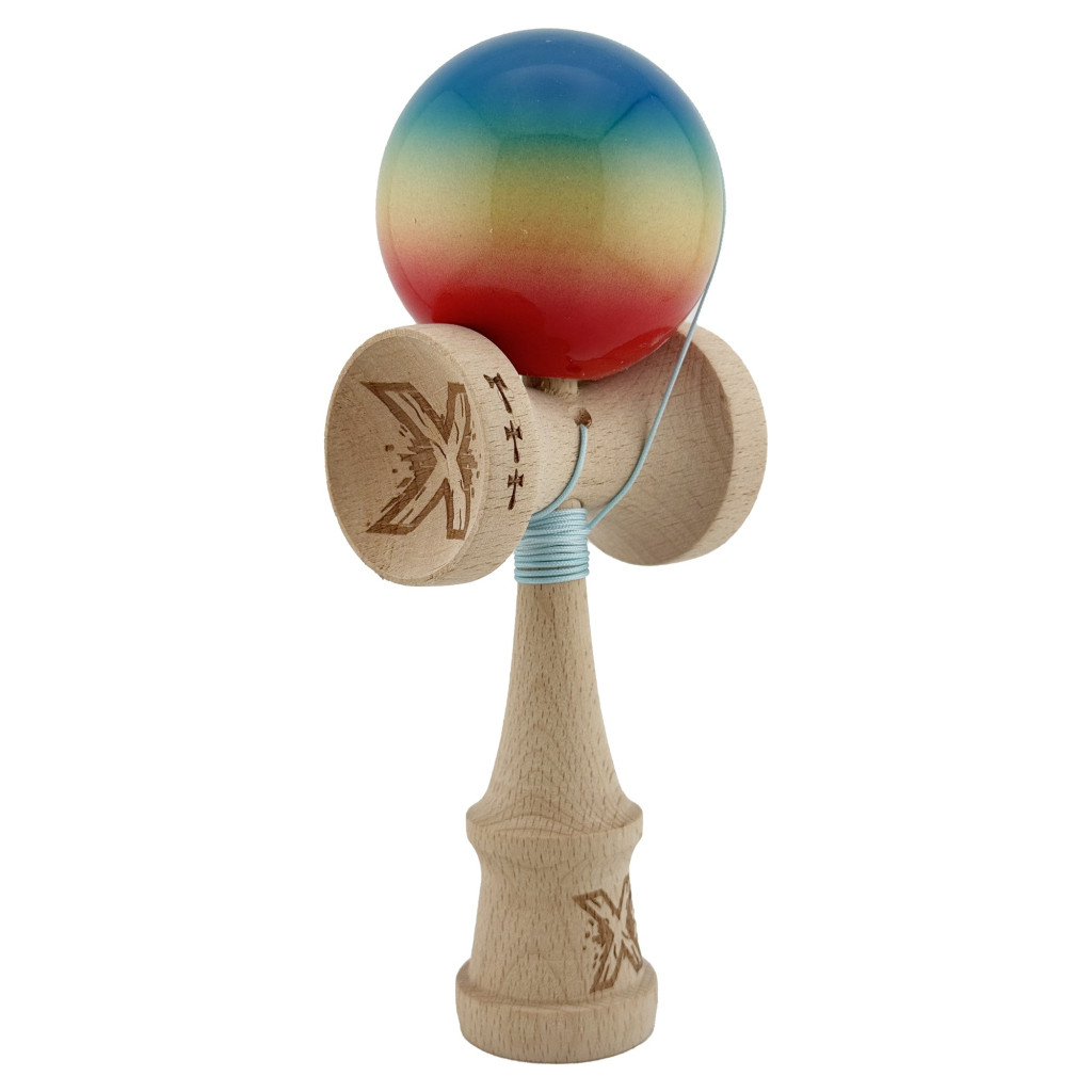Jucarie lemn Kendama X, Super Sticky, cupe mari V2, rulment, ata rezerva, rosu/galben/albastru 2
