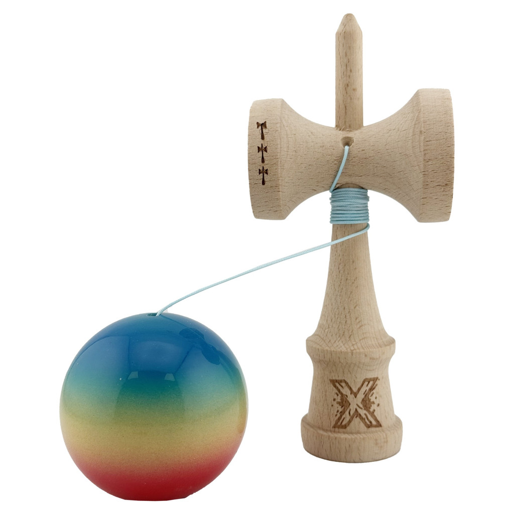 Jucarie lemn Kendama X, Super Sticky, cupe mari V2, rulment, ata rezerva, rosu/galben/albastru 3
