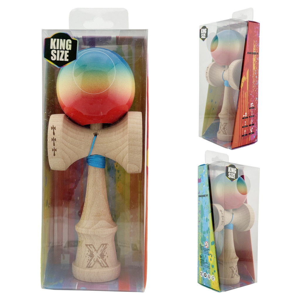 Jucarie lemn Kendama X, Super Sticky, cupe mari V2, rulment, ata rezerva, rosu/galben/albastru 4
