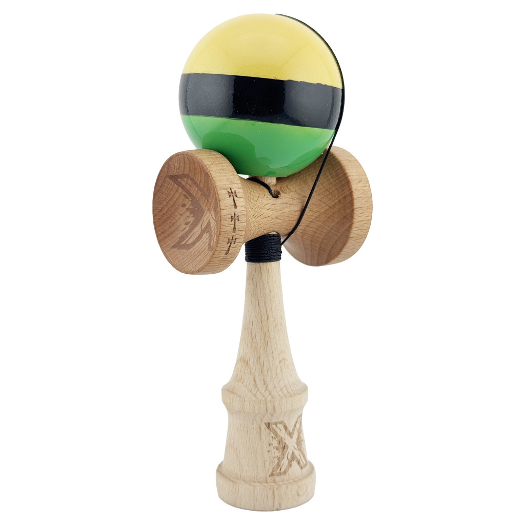 Jucarie lemn Kendama X, Super Sticky, cupe mari V2, gaura in basecup, rulment, ata rezerva, galben/negru/verde 2