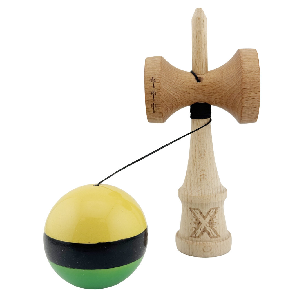 Jucarie lemn Kendama X, Super Sticky, cupe mari V2, gaura in basecup, rulment, ata rezerva, galben/negru/verde 3
