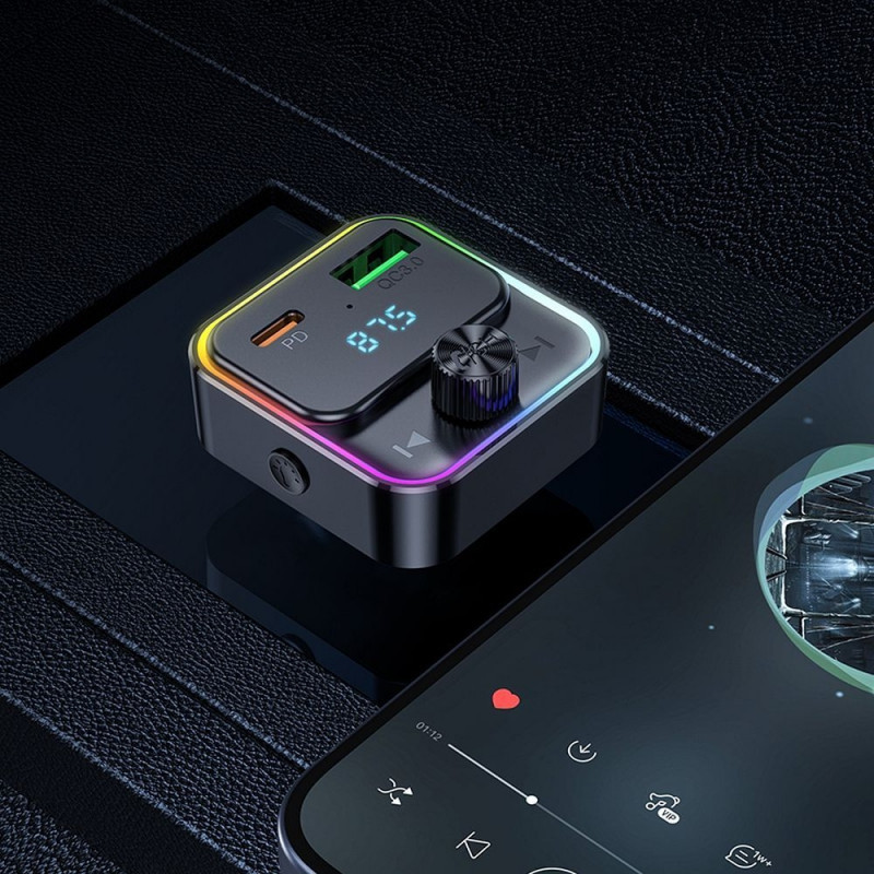 Modulator FM Hoco E81, Incarcare 30W, 2 porturi incarcare, Iluminare RGB, Bluetooth, negru 5