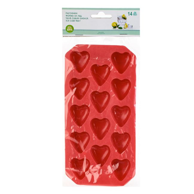 Forma din silicon rosu, model inimi, pentru 14 cuburi de gheata, 22 x 11 x 2.5 cm 3