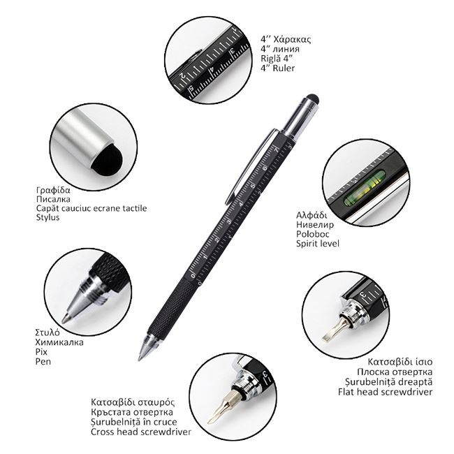 Unealta multifunctionala 6 in 1 (pix, surubelnita dreapta si in cruce, nivela, rigla, stylus ecran), 15 cm, neagra 2