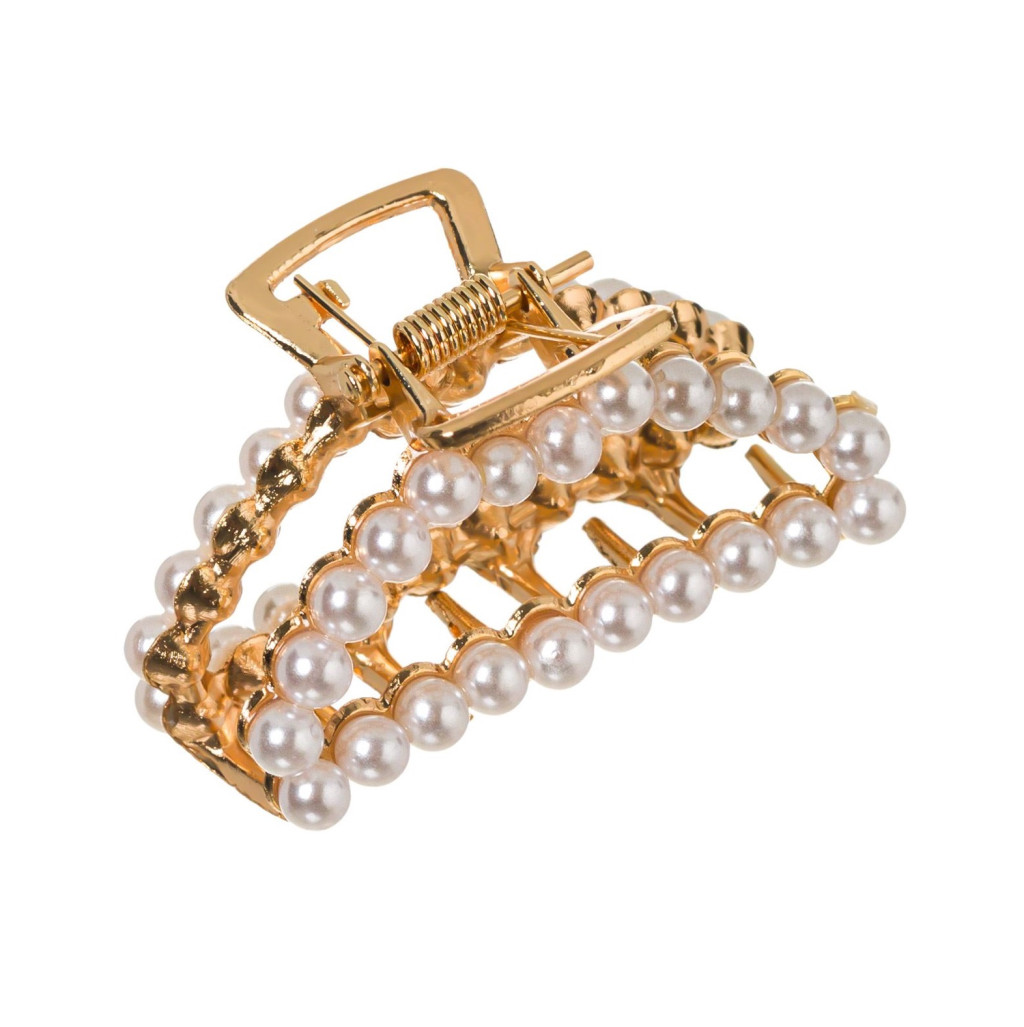 Clama de par cu perle albe, aurie, 5 cm 2
