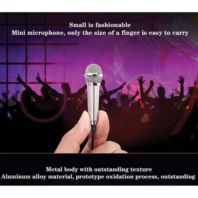 Mini microfon pentru karaoke, podcast, 1.8 x 5.5 cm, conector jack 3.5 mm, argintiu 3