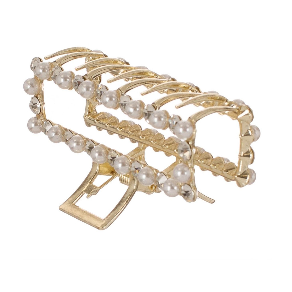 Clama par de culoare aurie, perle albe & strass, 9 cm 2