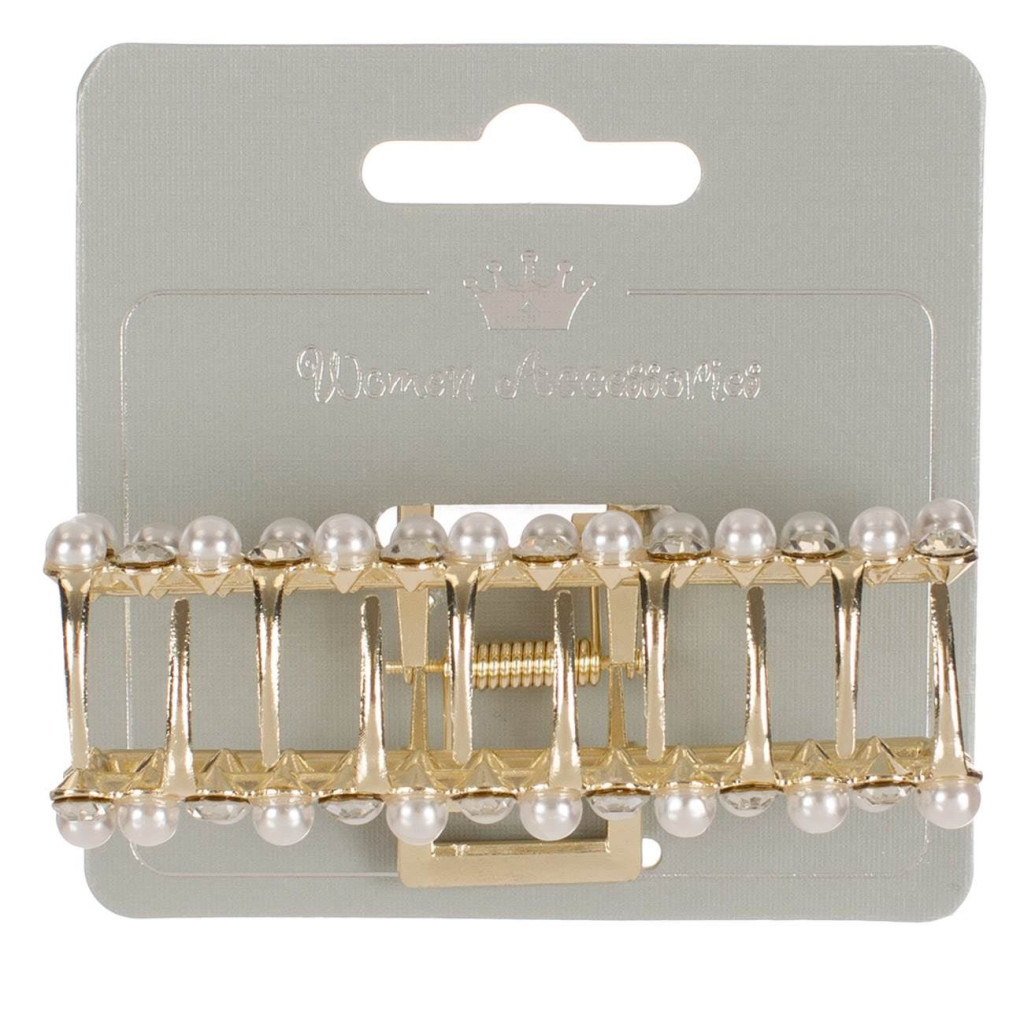 Clama par de culoare aurie, perle albe & strass, 9 cm 3