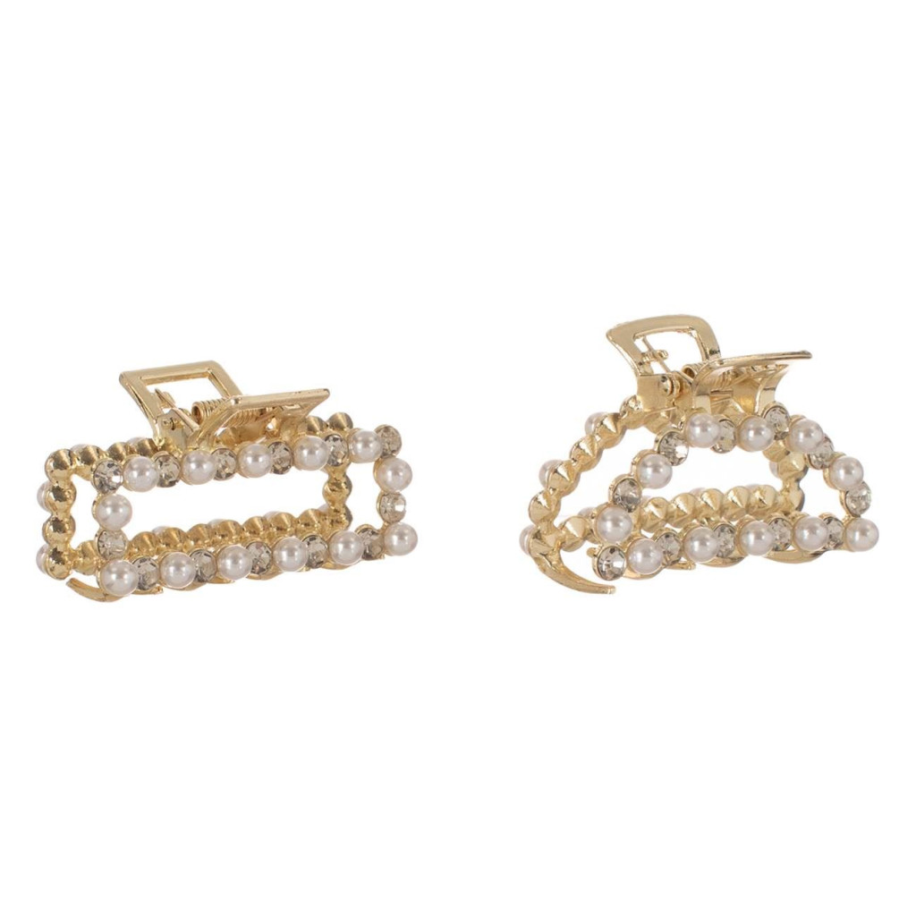 Clame par aurii, cu strass & perle albe, 5 cm, 2 bucati 2