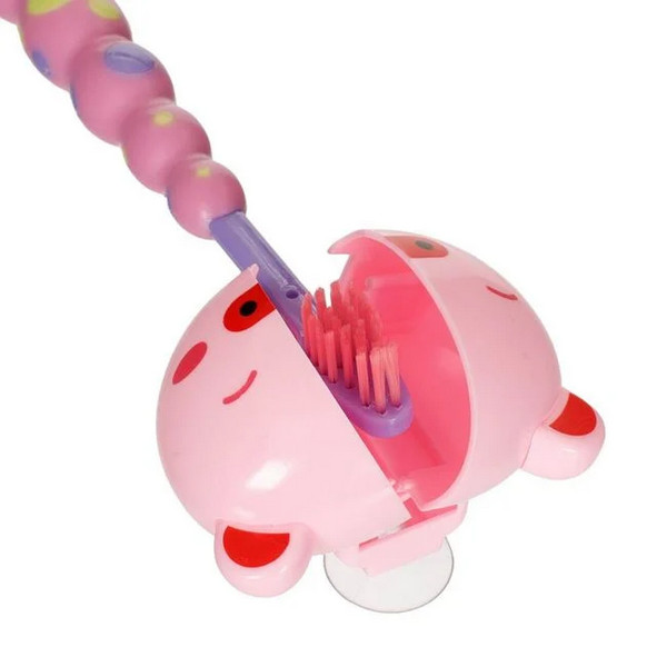 Periuta de dinti pentru copii, roz lila si husa protectie purcelus 2