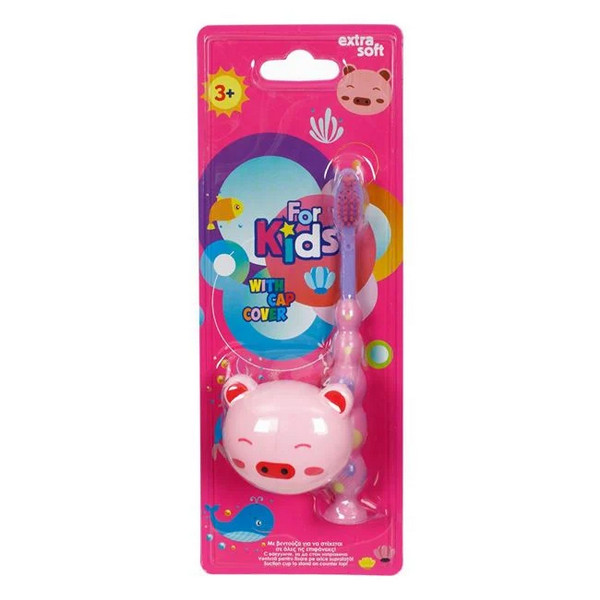 Periuta de dinti pentru copii, roz lila si husa protectie purcelus 4