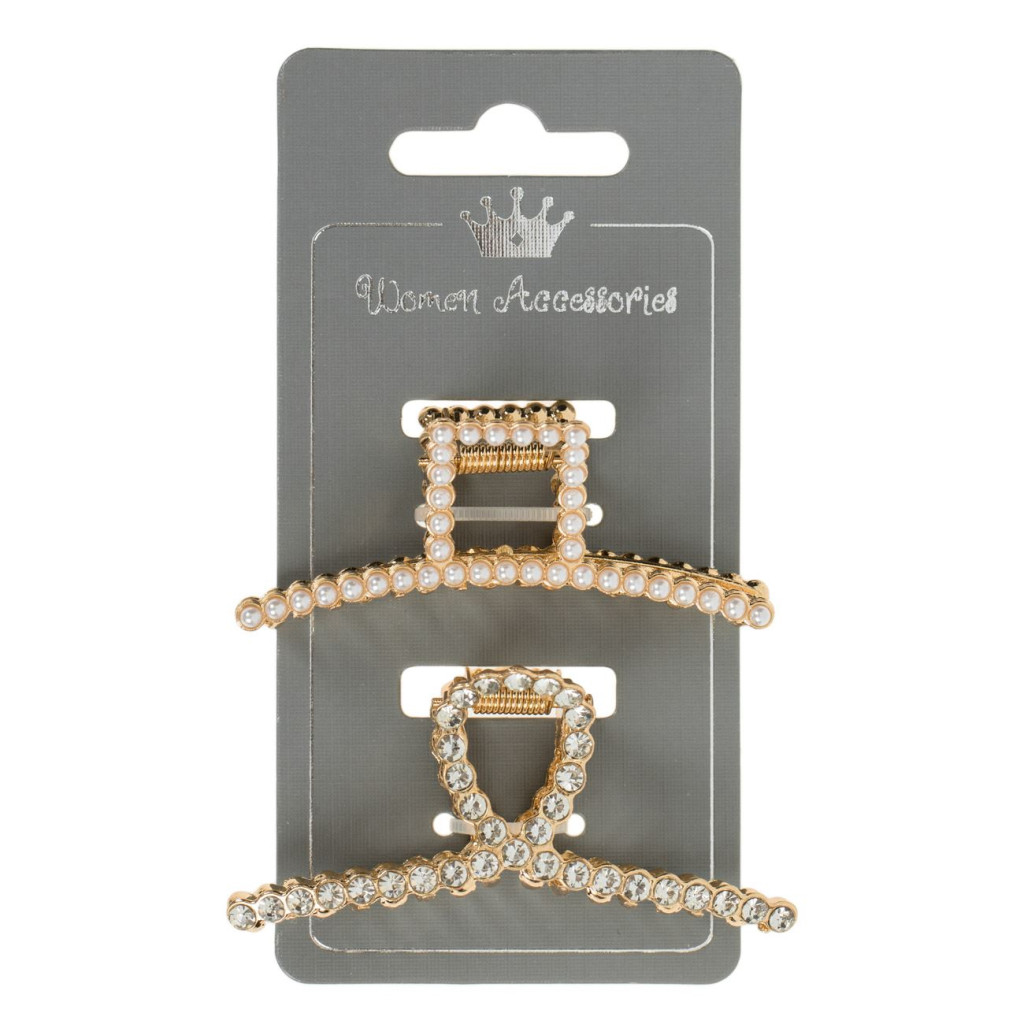Clame par aurii, cu strass & perle albe, 7.5 cm, 2 bucati 2