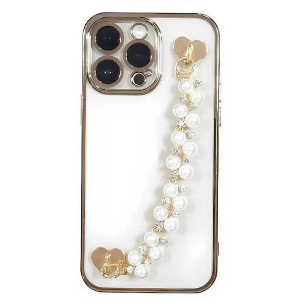 Decoratiune telefon mobil, maner auriu, margele cu strass Inimi, 16 cm 2