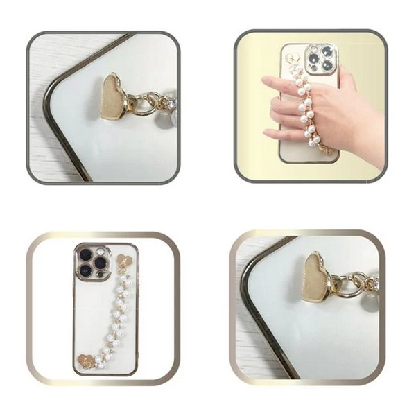 Decoratiune telefon mobil, maner auriu, margele cu strass Inimi, 16 cm 3