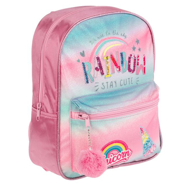 Ghiozdan gradinita roz, holografic, Rainbow, cu pompon 2
