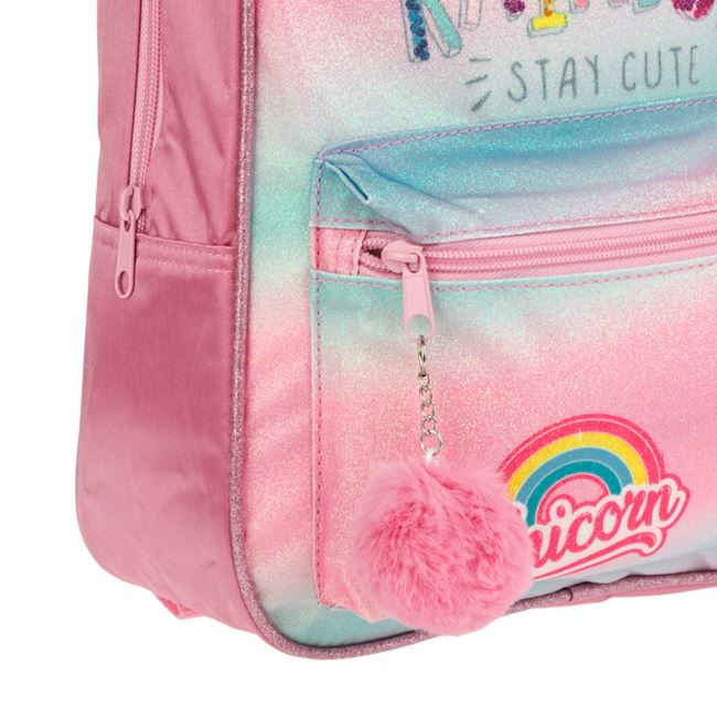 Ghiozdan gradinita roz, holografic, Rainbow, cu pompon 3