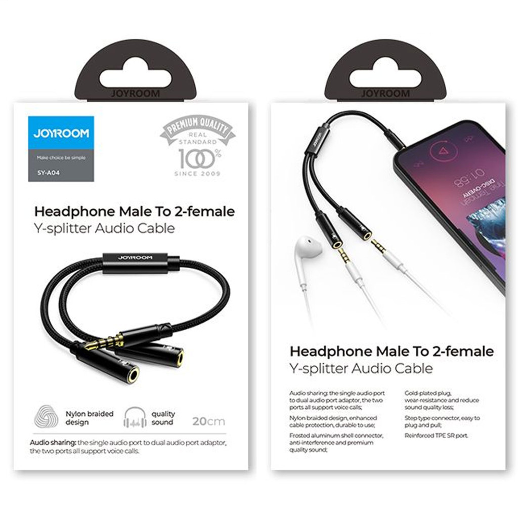 Splitter cablu audio Joyroom SY-A04, 2 x Jack 3.5mm (F) la Jack 3.5mm (M),  20 cm, negru 5