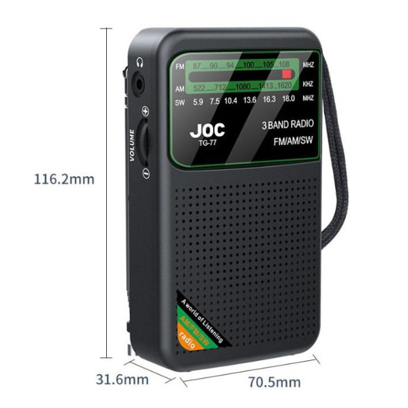 Radio portabil AM/FM/SW JOC TG-77, iesire jack 3.5 mm, acumulator 2000 mAH, cablu Type-C, negru 2