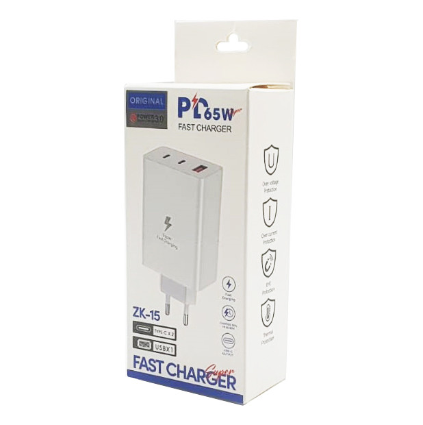 Incarcator telefon ZK-15, 65W,  2 porturi PD/Type-C + 1 port USB, incarcare super rapida, alb 4