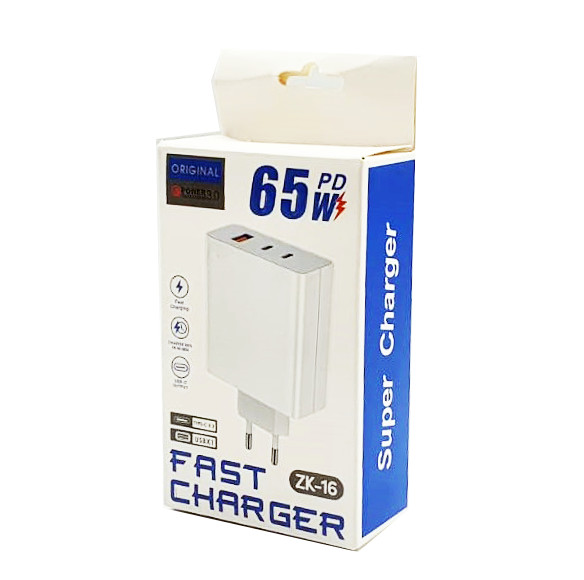 Incarcator telefon ZK-16, 65W,  2 porturi PD/Type-C + 1 port USB, incarcare super rapida, alb 3