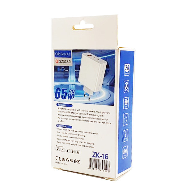 Incarcator telefon ZK-16, 65W,  2 porturi PD/Type-C + 1 port USB, incarcare super rapida, alb 4