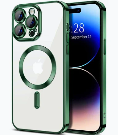 Husa Apple iPhone 14 Pro Max, Magsafe Electroplating TPU, protectie camera, margini verzi