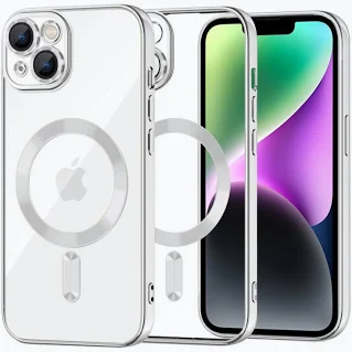 Husa Apple iPhone 14, Magsafe Electroplating TPU, protectie camera, margini argintii